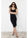 Trendyol Black Pool Neckline Decollete Gathered Bodycone/Capable Elastic Knitted Midi Dress