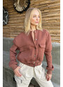 Trend Alaçatı Stili Women's Cinnamon Snap Closure Double Pocket Crop Jacket