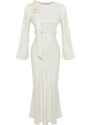 Trendyol Cream Rose Detailed Wedding / Special Occasion Woven Satin Evening Dress