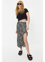 Trendyol Black Leopard Patterned Slit Flounce Ribbed Stretch Midi Knitted Skirt