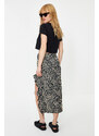 Trendyol Black Leopard Patterned Slit Flounce Ribbed Stretch Midi Knitted Skirt