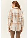 Olalook Women's Ecru Stone Single Pocket Plaid Lumberjack Shirt