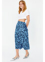 Trendyol Blue Floral Patterned Midi Woven Skirt