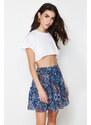 Trendyol Navy Blue Lined Flounce Chiffon Floral Pattern Mini Woven Skirt