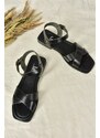 Fox Shoes Women's Black Genuine Leather Cross-Blade Daily Sandals