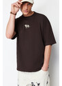 Trendyol Dark Brown Oversize Animal Embroidery Printed 100% Cotton T-Shirt