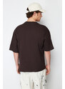 Trendyol Dark Brown Oversize Animal Embroidery Printed 100% Cotton T-Shirt