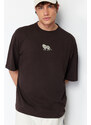 Trendyol Dark Brown Oversize Animal Embroidery Printed 100% Cotton T-Shirt