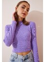 Happiness İstanbul Women's Lilac Corduroy Turtleneck Crop Knitted Blouse