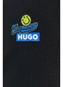 Bavlněná mikina Hugo Blue pánská, černá barva, s kapucí, s potiskem