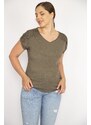 Şans Women's Khaki Plus Size Cotton Fabric V-Neck Short Sleeve Shoulder Lace Detailed Blouse
