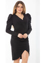 Şans Women's Plus Size Black Shoulder And Side Detailed Wrap Collar Dress