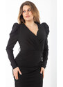 Şans Women's Plus Size Black Shoulder And Side Detailed Wrap Collar Dress