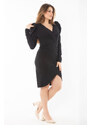 Şans Women's Plus Size Black Shoulder And Side Detailed Wrap Collar Dress