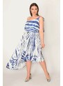 Şans Women's Plus Size Saks One-Shoulder Tie-Down Waist Pleated Skirt With Moving Tie-Dye Patterned Dress.