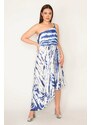 Şans Women's Plus Size Saks One-Shoulder Tie-Down Waist Pleated Skirt With Moving Tie-Dye Patterned Dress.