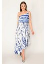 Şans Women's Plus Size Saks One-Shoulder Tie-Down Waist Pleated Skirt With Moving Tie-Dye Patterned Dress.