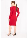 Şans Women's Claret Red Plus Size Dress with a Wrapped Neck Shoulder Detail with a Belt