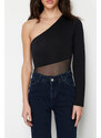 Trendyol Black Tulle Detailed Asymmetric Collar Stretchy Snap Knitted Body