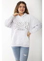 Şans Women's Plus Size Gray Inner Raising Embroidery And Kangaroo Pocket Detailed Hooded Sweatshirt