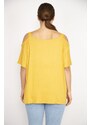 Şans Women's Plus Size Mustard Straps Off-the-Shoulder Decollete Lacquer Printed Blouse