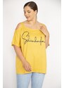 Şans Women's Plus Size Mustard Straps Off-the-Shoulder Decollete Lacquer Printed Blouse
