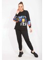 Şans Women's Plus Size Black Print Detailed Sweatshirt and Pants Double Suit