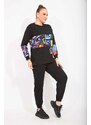 Şans Women's Plus Size Black Print Detailed Sweatshirt and Pants Double Suit