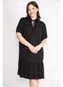 Şans Women's Black Plus Size V Neck Robe Gathered Tiered Hem Dress