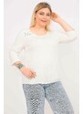 Şans Women's Bone Plus Size Blouse with Capri Sleeves with Lace and Elastic Detail on the Shoulders and Back Robe.