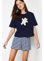 Trendyol Navy Blue 100% Cotton Teddy Bear Printed Knitted Pajamas Set