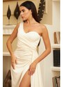 Carmen Ecru Satin One-Shoulder Slit Long Outdoor Engagement Dress