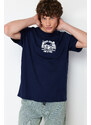 Trendyol Navy Blue Relaxed/Comfortable Cut Fluffy Landscape Printed 100% Cotton T-Shirt