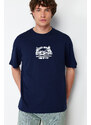 Trendyol Navy Blue Relaxed/Comfortable Cut Fluffy Landscape Printed 100% Cotton T-Shirt