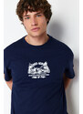 Trendyol Navy Blue Relaxed/Comfortable Cut Fluffy Landscape Printed 100% Cotton T-Shirt