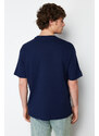 Trendyol Navy Blue Relaxed/Comfortable Cut Fluffy Landscape Printed 100% Cotton T-Shirt