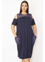 Şans Women's Plus Size Navy Blue Dress With Pocket And Front Back Collar Lace With Neck Decollete