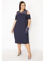 Şans Women's Plus Size Navy Blue Dress With Pocket And Front Back Collar Lace With Neck Decollete