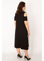 Şans Women's Plus Size Black Viscose Dress With Open Shoulders and Open Back Detail.