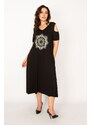 Şans Women's Plus Size Black Viscose Dress With Open Shoulders and Open Back Detail.