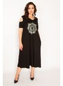 Şans Women's Plus Size Black Viscose Dress With Open Shoulders and Open Back Detail.