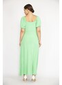 Şans Women's Plus Size Green Elastic Detailed Shoulder And Arm Cuff Dress With Wrap Neck