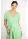 Şans Women's Plus Size Green Elastic Detailed Shoulder And Arm Cuff Dress With Wrap Neck