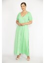 Şans Women's Plus Size Green Elastic Detailed Shoulder And Arm Cuff Dress With Wrap Neck