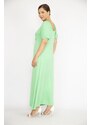 Şans Women's Plus Size Green Elastic Detailed Shoulder And Arm Cuff Dress With Wrap Neck