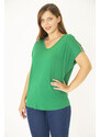 Şans Women's Plus Size Green Viscose Tunic With Decollete Pearl Detailed