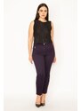 Şans Women's Plus Size Plum Ornamental Zipper Pocket. Front Grass Stitched Fabric Trousers