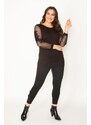 Şans Women's Plus Size Black Lace And Tulle Detailed Blouse And Leggings Pants Suit