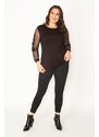 Şans Women's Plus Size Black Lace And Tulle Detailed Blouse And Leggings Pants Suit