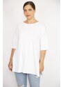 Şans Women's White Plus Size Side Slit Short Sleeve Blouse